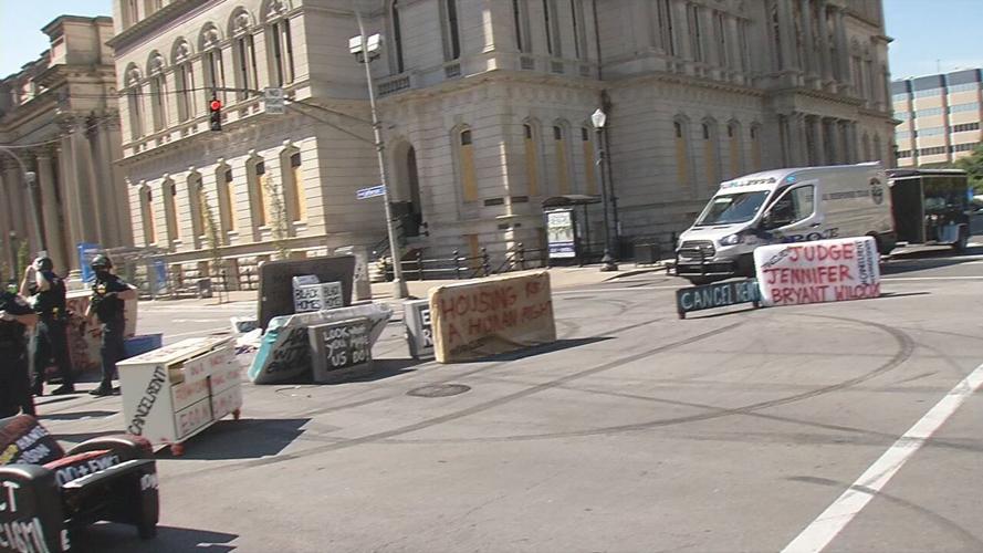 Anti-eviction protest furniture blocking 6th and Jefferson 8-8-20