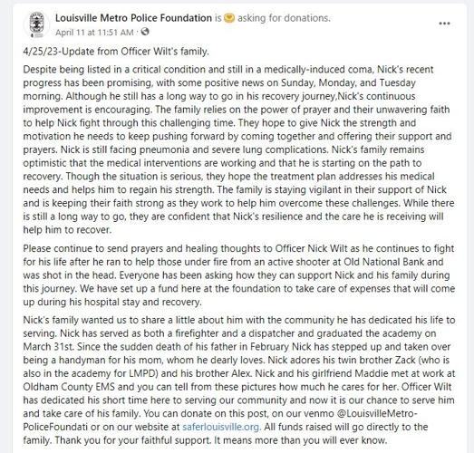 Facebook post from Louisville Metro Police Foundation update on Nick Wilt - 4.26.23