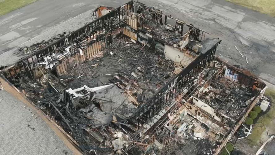 Aerial view of burned out Grace Assembly of God church