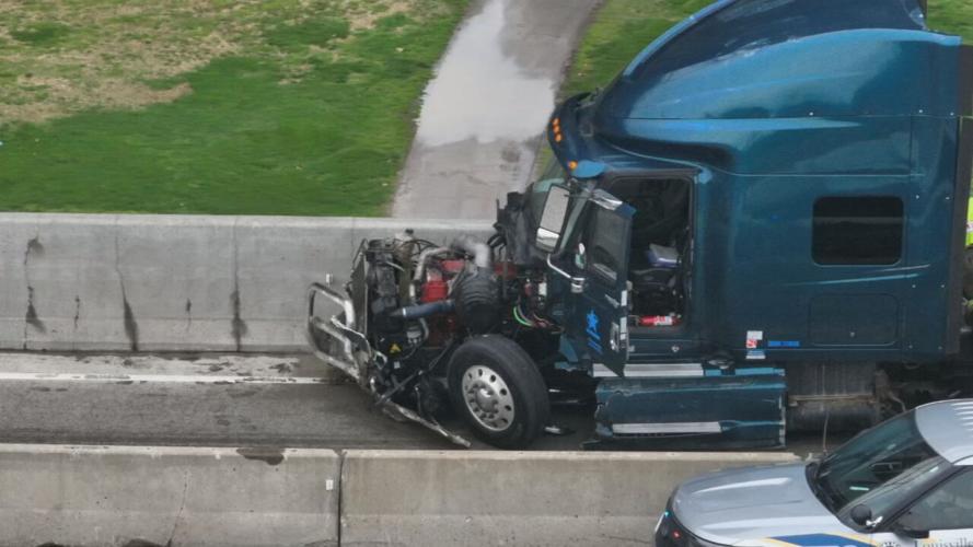 Wrecked semi on Sherman Minton Bridge on April 2, 2024