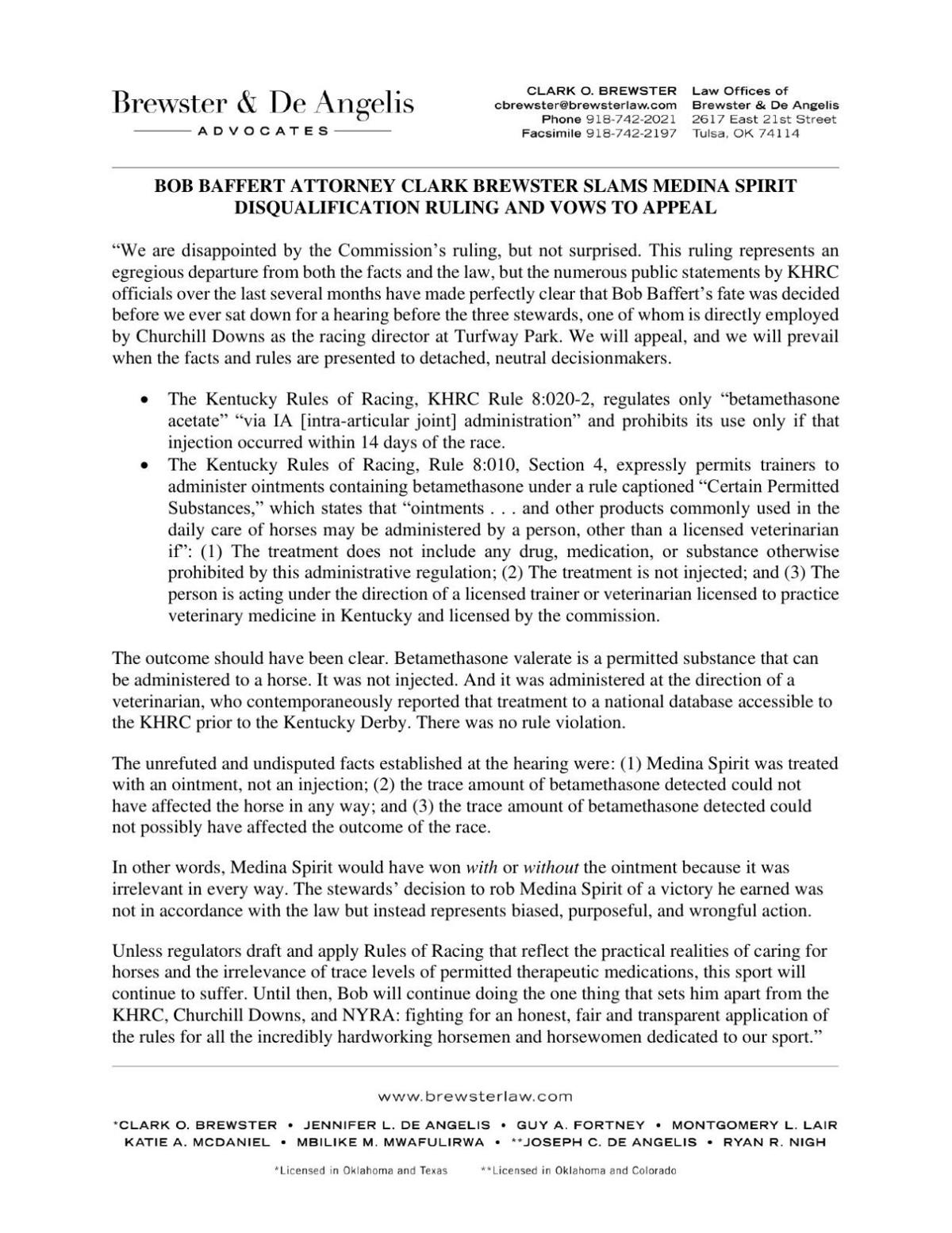 Clark Brewster statement on Medina Spirit disqualification