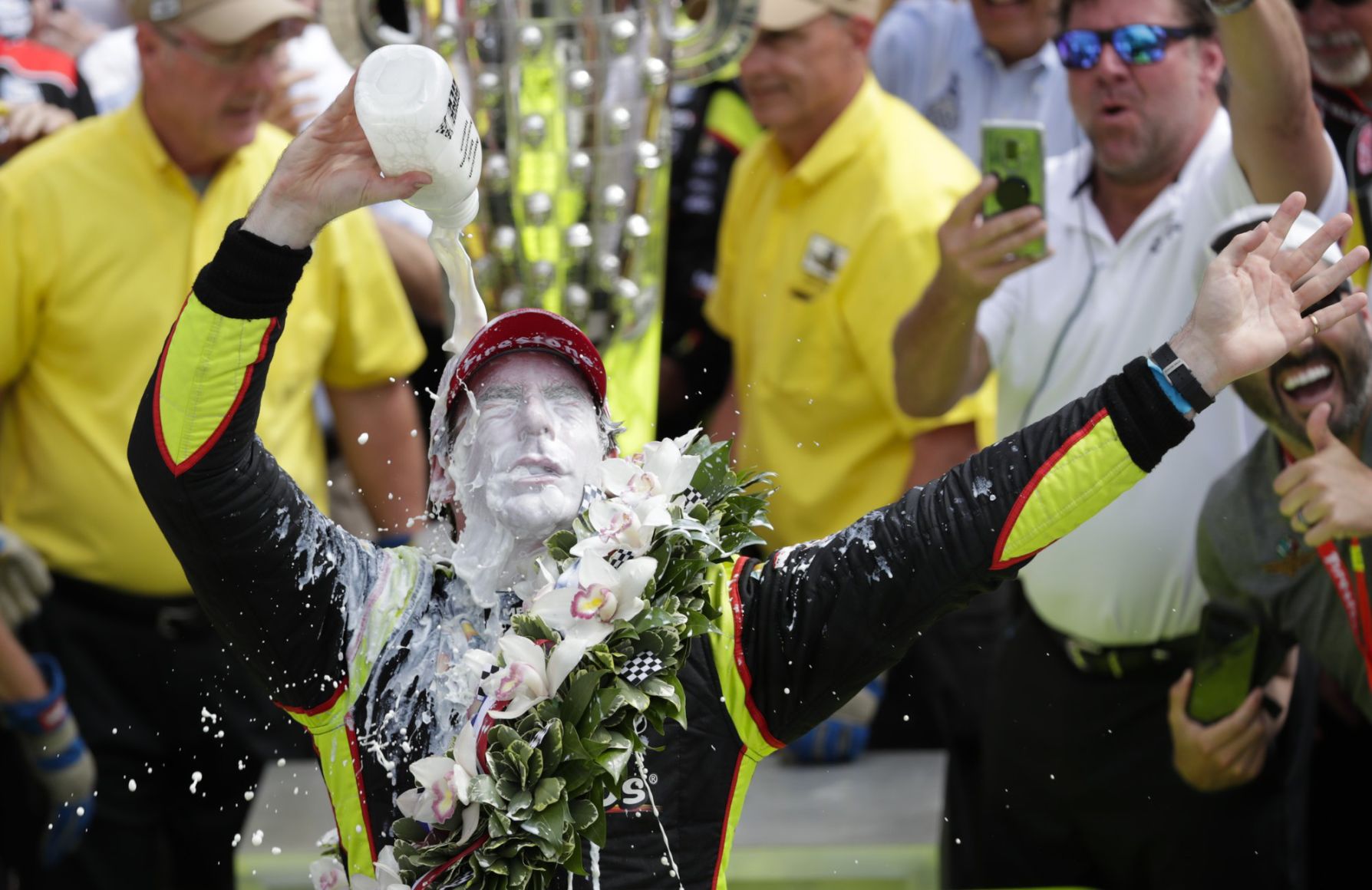 Simon Pagenaud celebrates after winning the Indianapolis 500