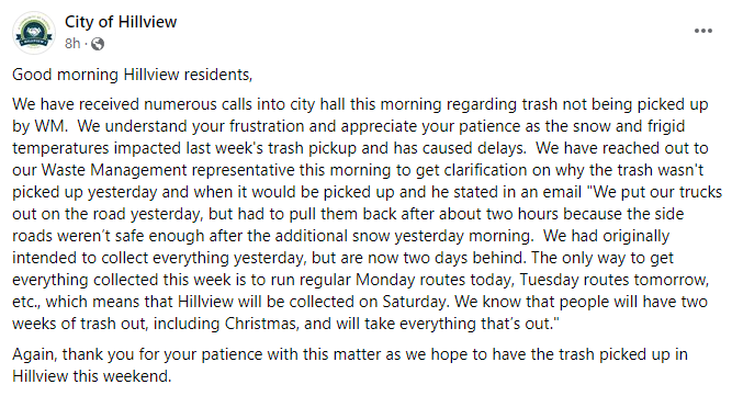 Post from City of Hillview FB page