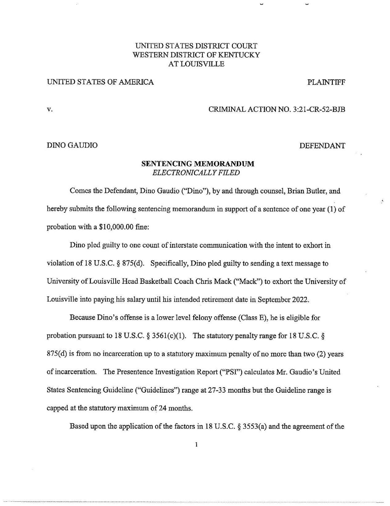 Dino Gaudio Sentencing Memorandum