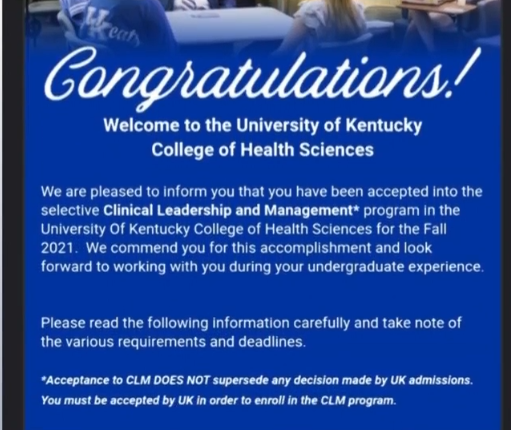 An acceptance email mistakenly sent out by UK for its College of Health Sciences program (April 2021)