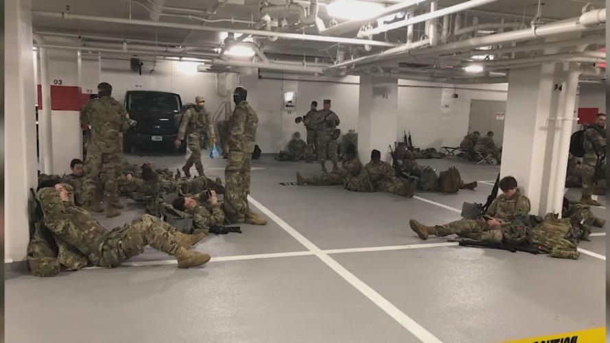 National Guard troops camping in a parking garage in Washington