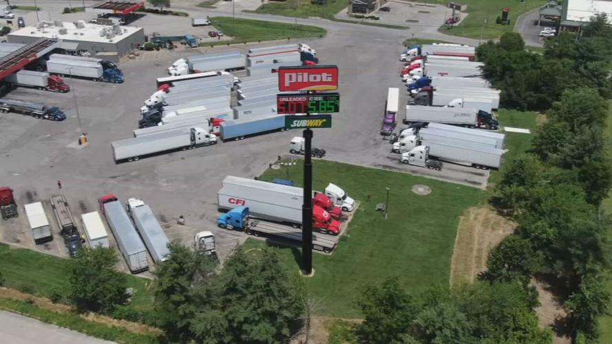 Semi trucks surround a Pilot station in Shepherdsville, Kentucky (diesel prices more than $5)