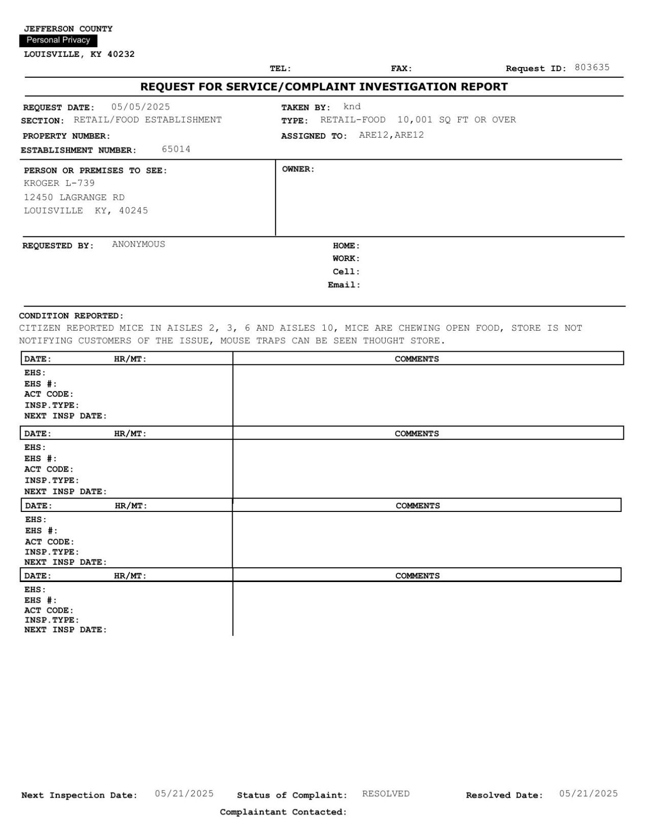 Health Inspection for LaGrange Road Kroger