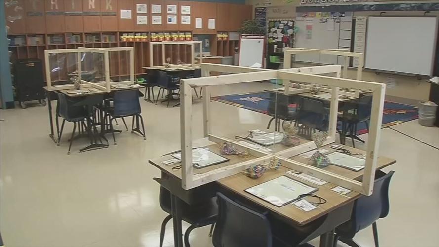 Desks separated with plastic dividers at NAFC Schools