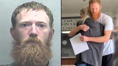 Denny Rumfelt mugshot (at left) and release from custody on Oct. 8, 2021 (at right)