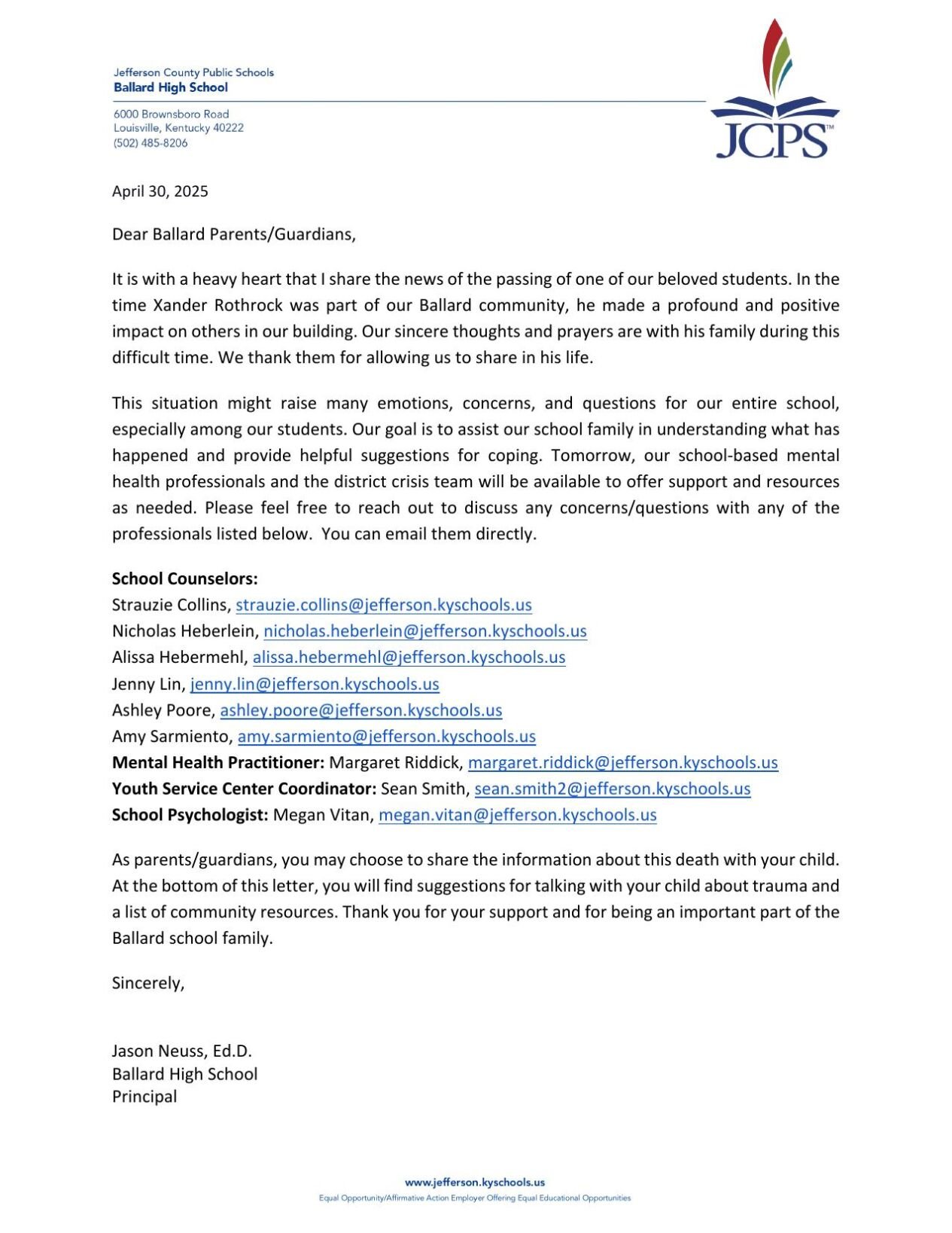 Xander Rothrock letter