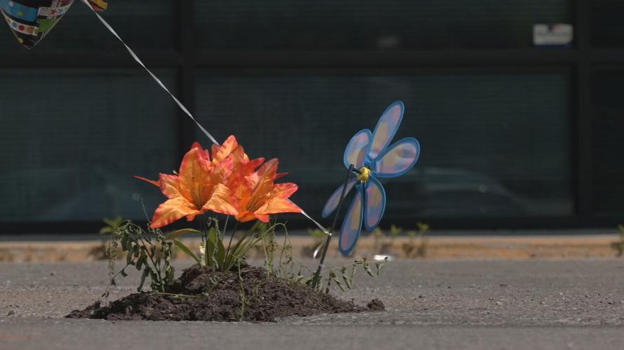 Fake flowers planted in pothole outside primary care office on Dixie Highway