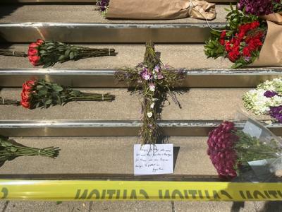 Memorial at Old National Bank building in downtown Louisville after April 10, 2023 mass shooting