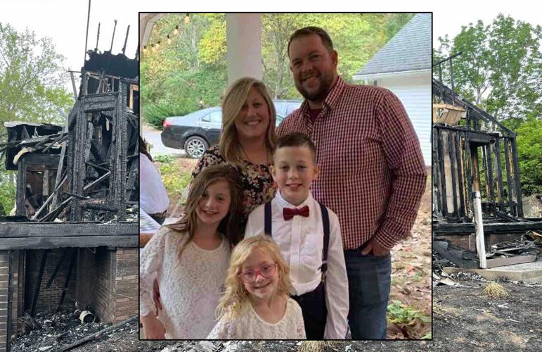 Ratliff Family from Winchester, Kentucky, against backdrop of housefire that took their home