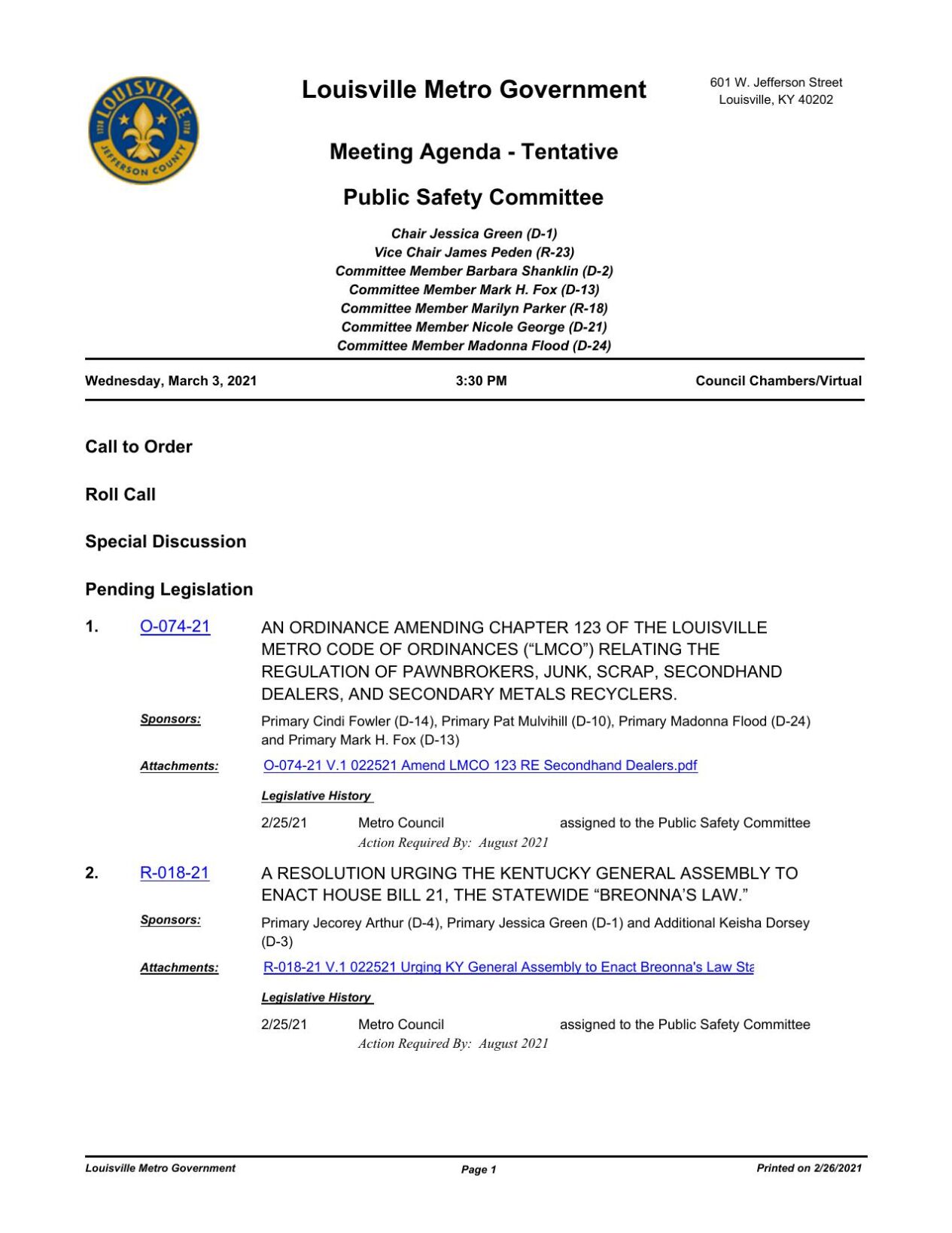 Louisville Metro Government Public Safety Committee meeting agenda March 3, 2021