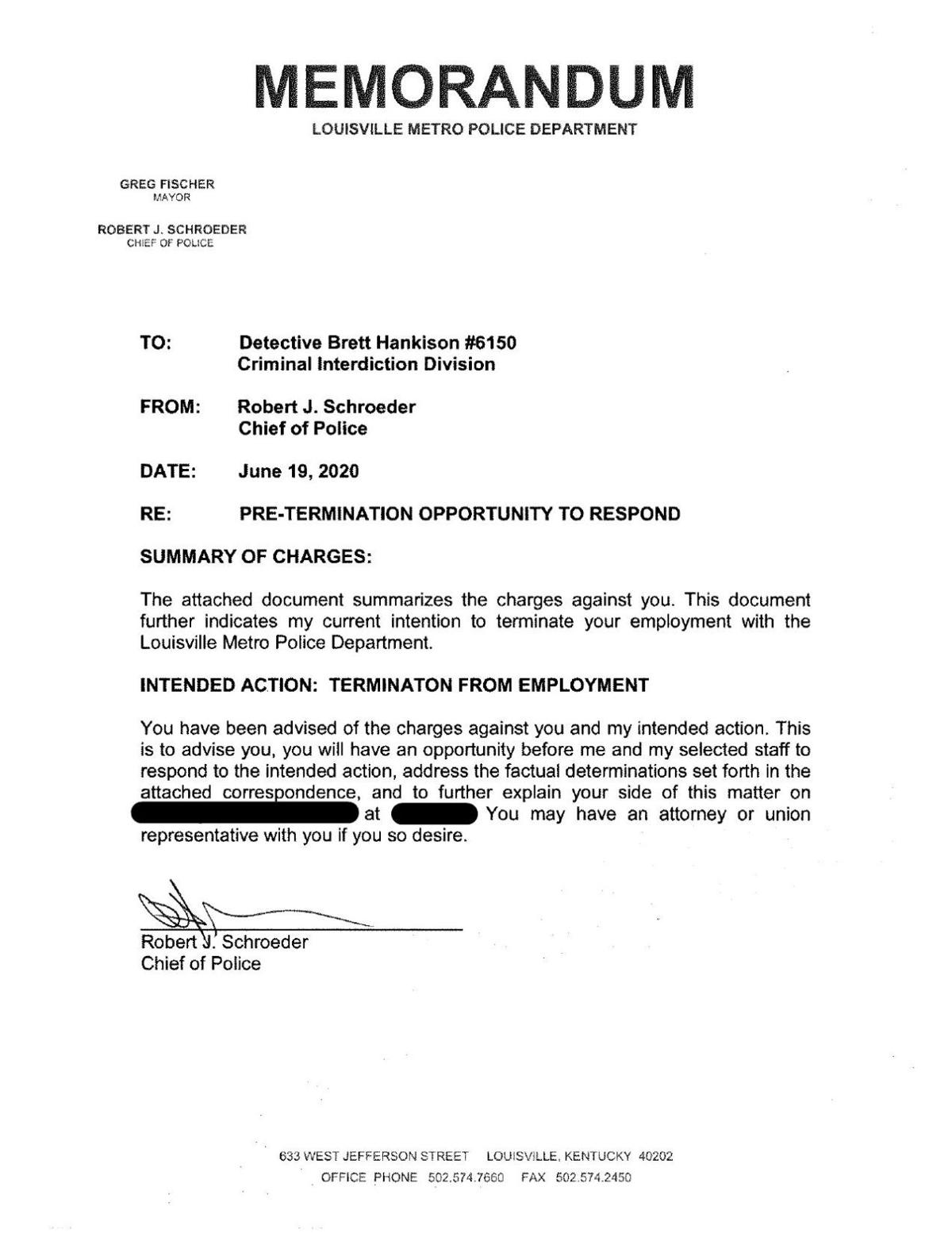 Pre Termination Letter Sent By Lmpd To Officer Brett Hankison