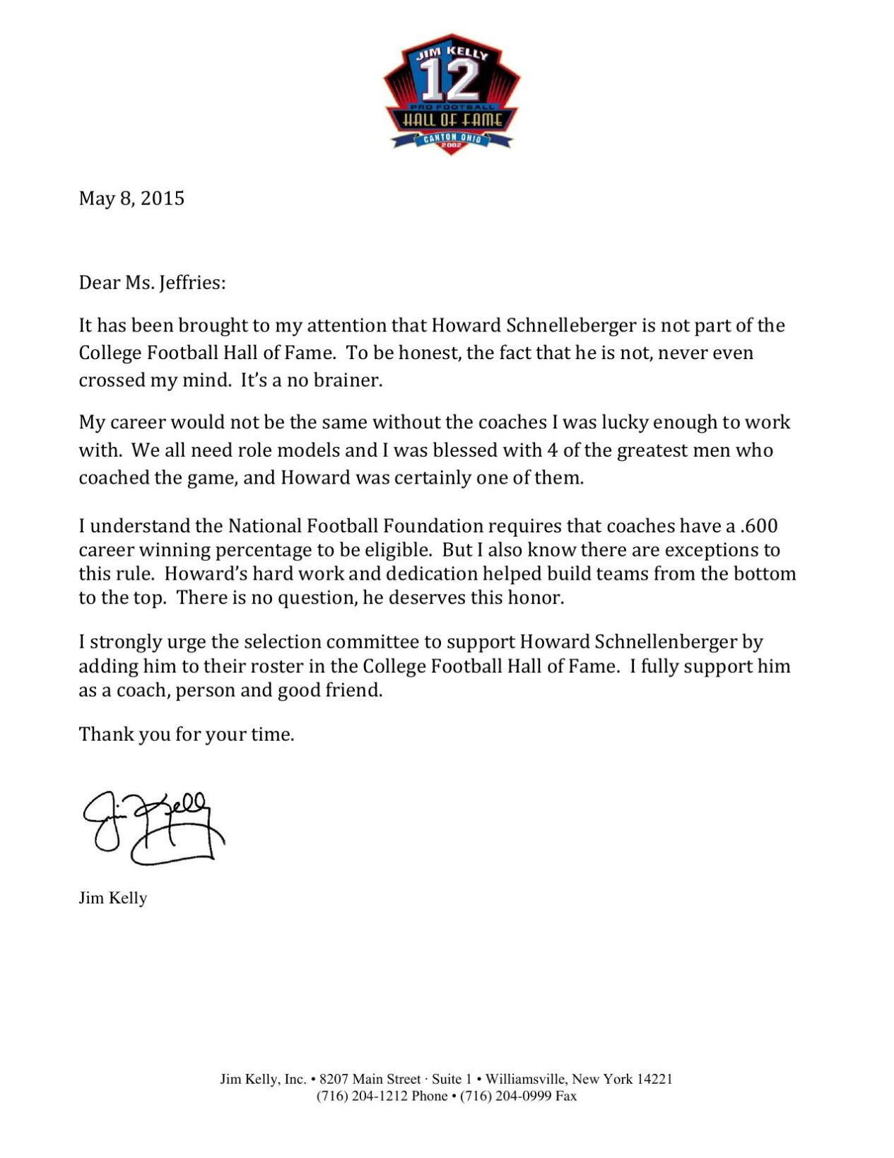 Jim Kelly's letter pushing for Howard Schnellenberger's Hall of Fame nomination