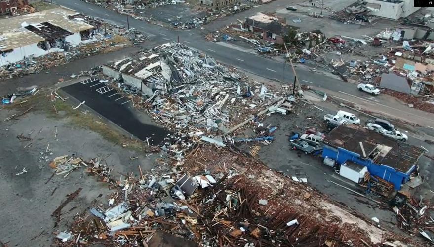 Aerial view of severe storm damage in Mayfield, Kentucky on Dec. 11, 2021