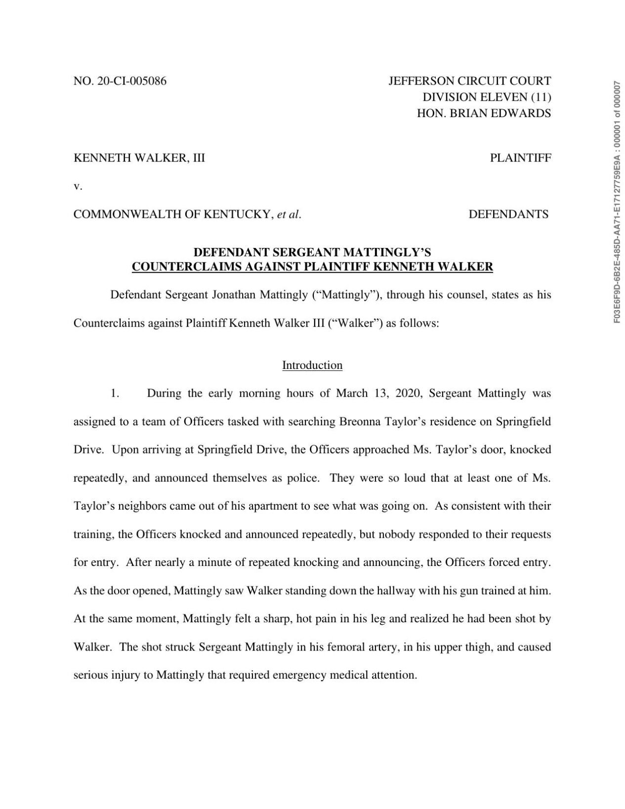 LMPD Sgt. Jonathan Mattingly files counterclaim against Kenneth Walker