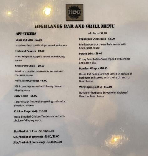 Menu at Highlands Bar and Grill