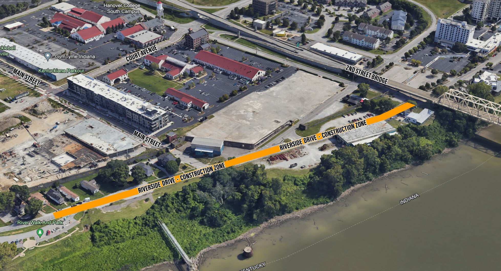 Aerial view of construction Riverside Drive in Clarksville, Indiana