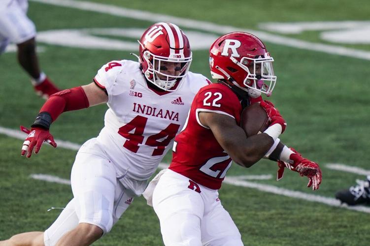 Indiana linebacker Thomas Allen (44) pursues Rutgers running back Kay'Ron Adams