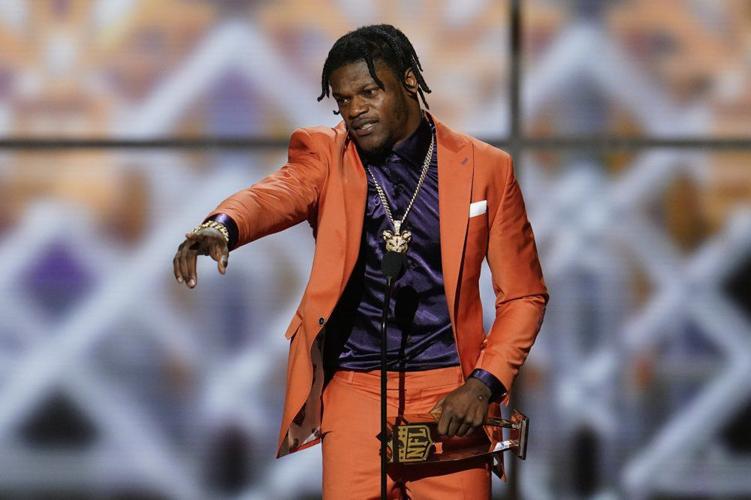 Baltimore Ravens' Lamar Jackson speaks after winning the AP Most Valuable Player award