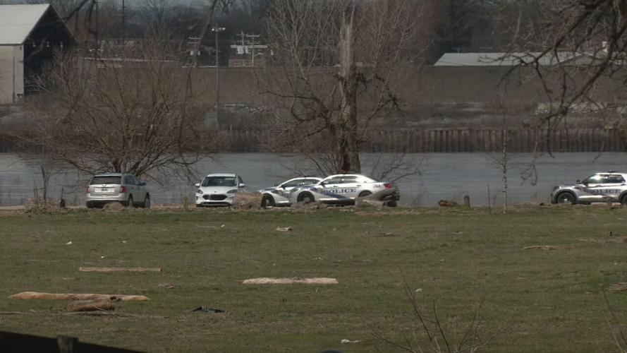 Scene where a body was found in Eva Bandman Park on Ohio River shore on March 15, 2022