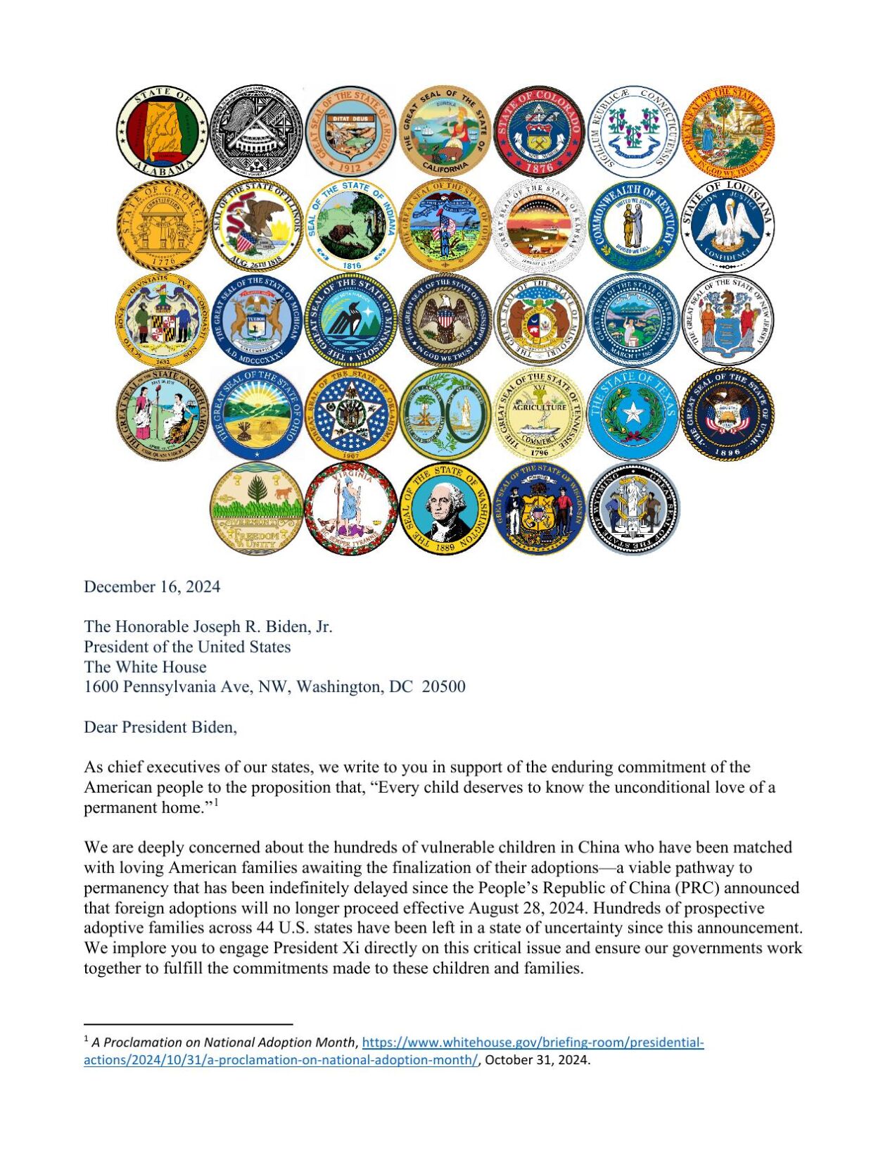 Congressional letter calling for action on China adoptions