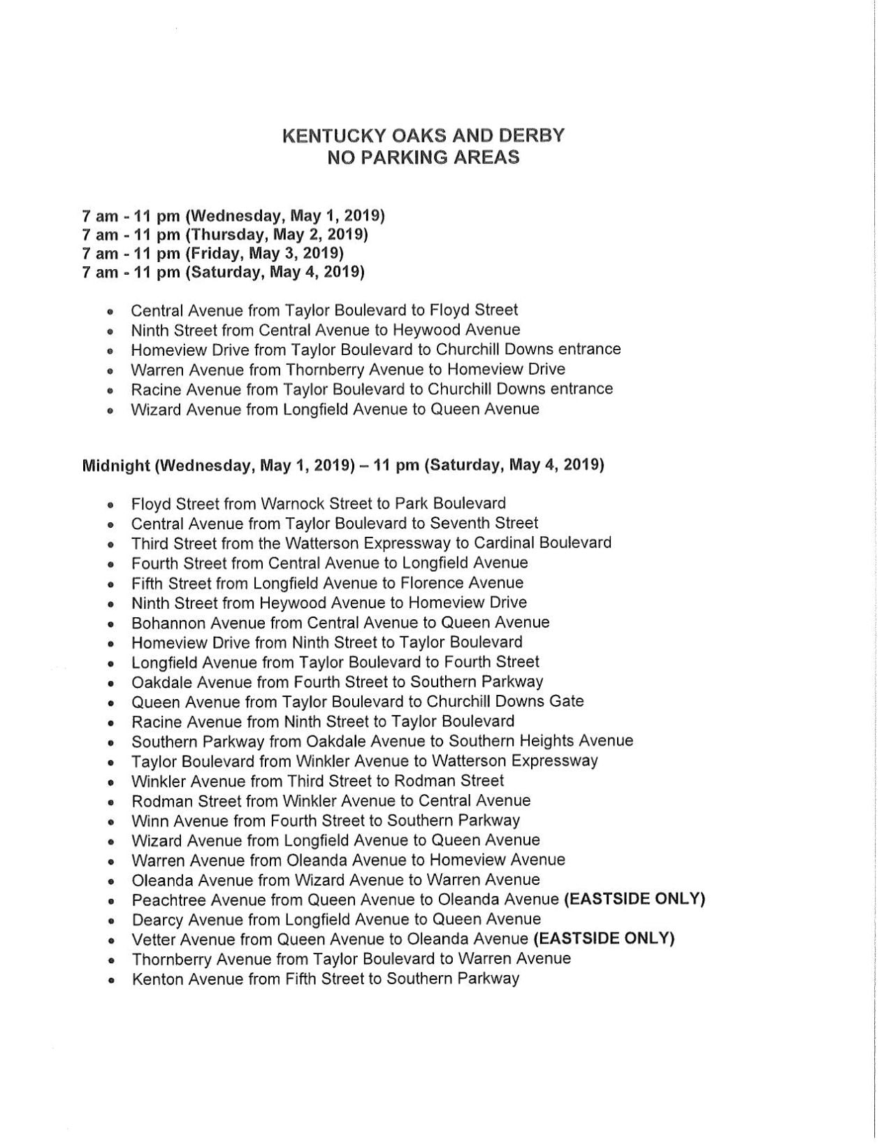 2019 Kentucky Oaks and Kentucky Derby "No Parking" areas