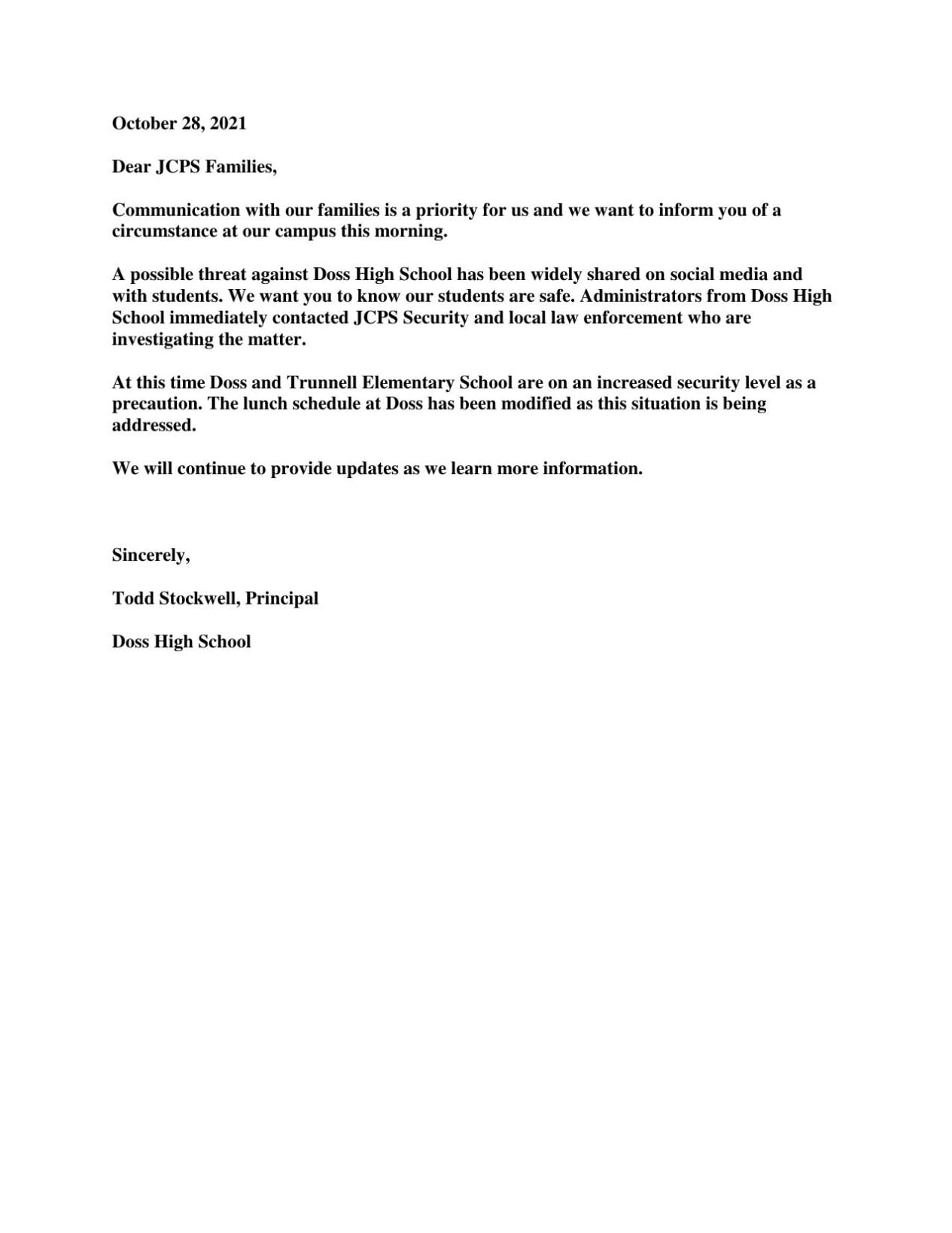 Letter to Doss High School parents 10-28-2021