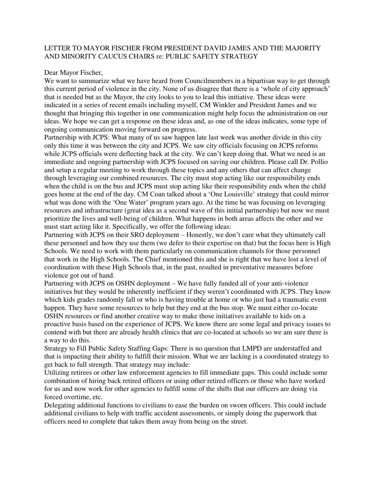 Letter from Louisville Metro Council members to Mayor Greg Fischer