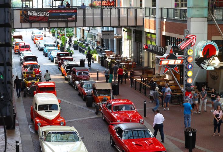 Street Rods lined up at Fourth Street Live.JPG