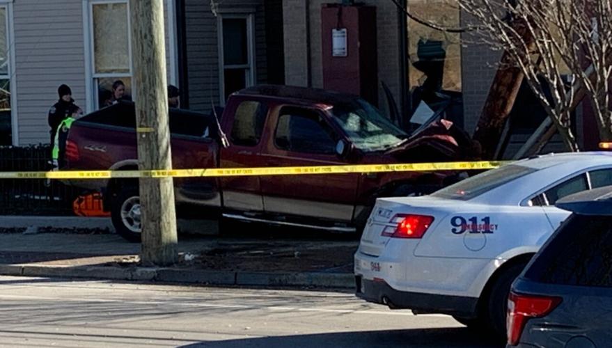 Wrecked truck after Jan. 26, 2022 LMPD pursuit of carjacking suspects