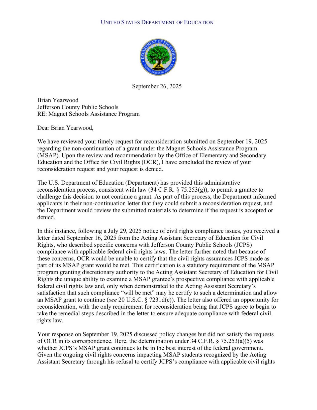 DOE reconsideration of JCPS magnet grant 9-29-2025