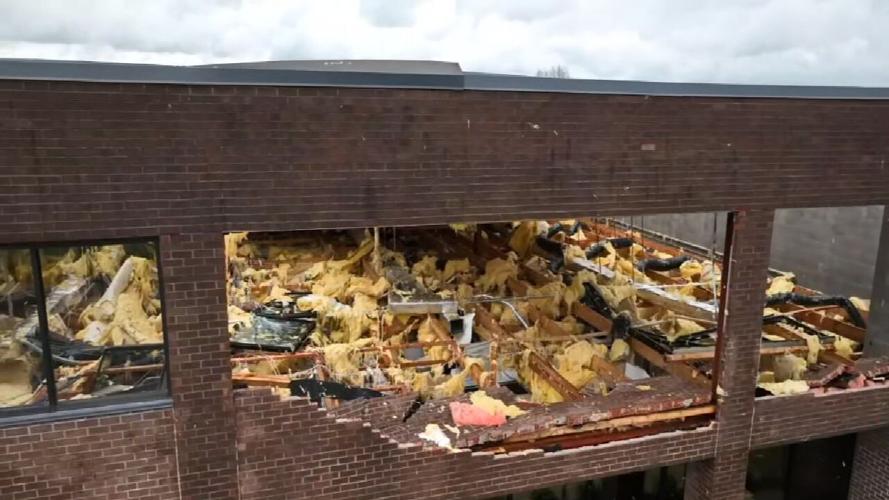 Closeup of interior of business damaged in April 2 storms