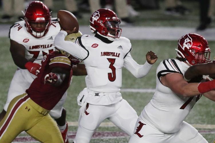 Louisville quarterback Malik Cunningham (3) passes during the first half of an NCAA college football game against Boston College