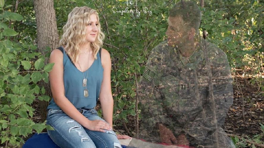 Julia Yllescas sits next to ghosted image of her father on a bench