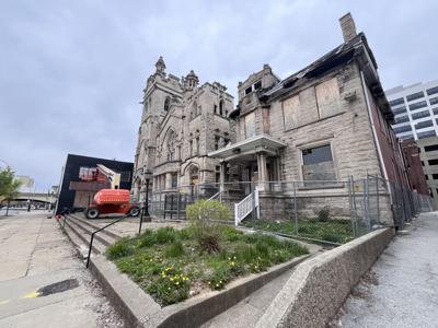 The former St. Paul’s German Evangelical Church on E. Broadway, April 9, 2025