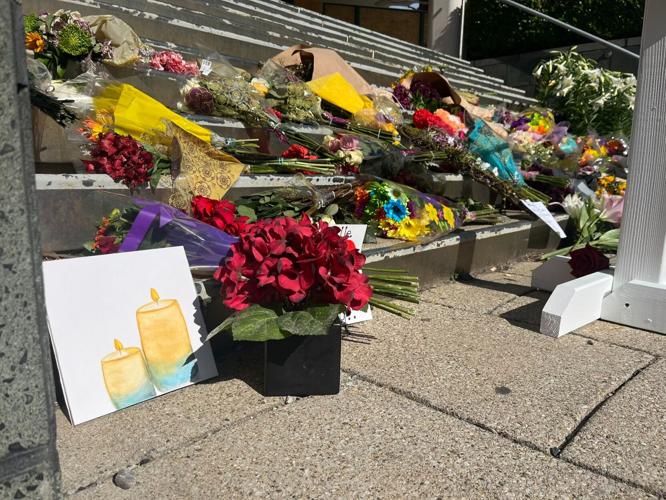 Memorial at Old National Bank building in downtown Louisville after April 10, 2023 mass shooting