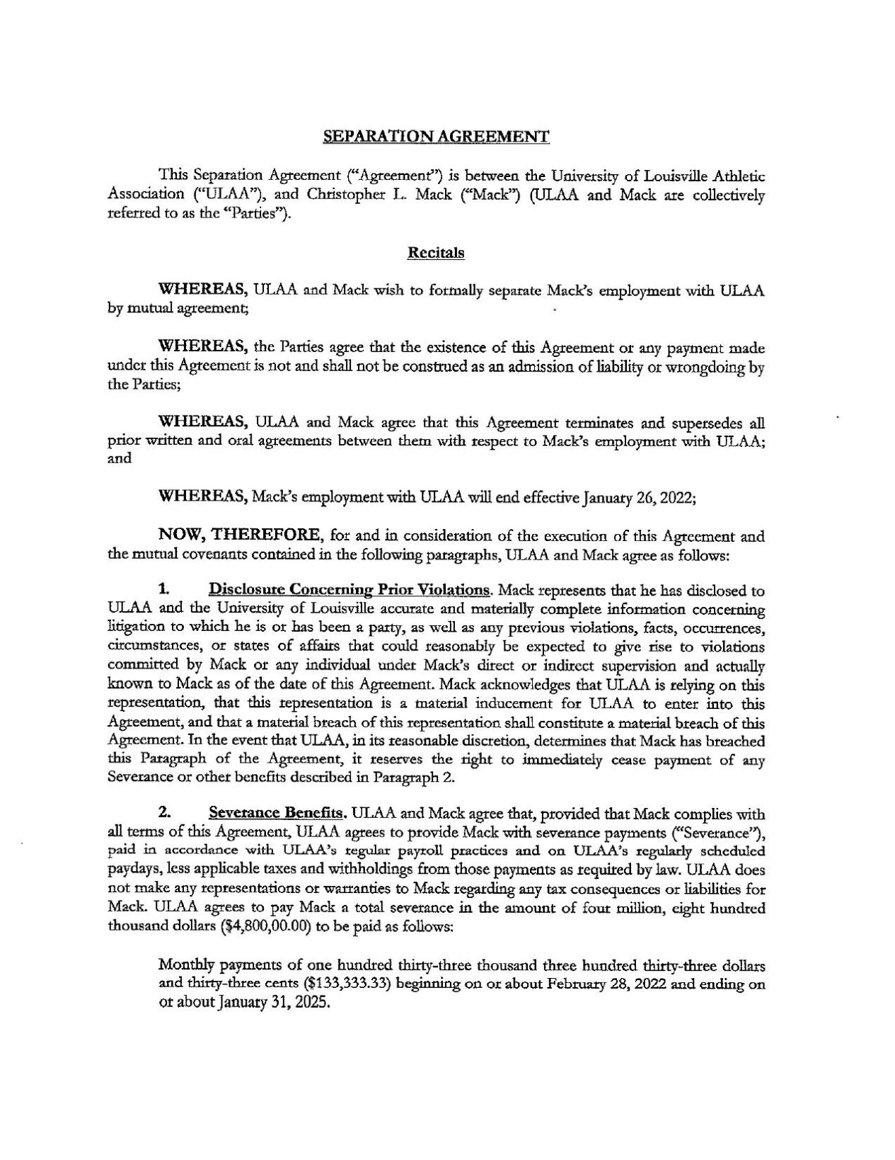 Chris Mack-UofL separation agreement