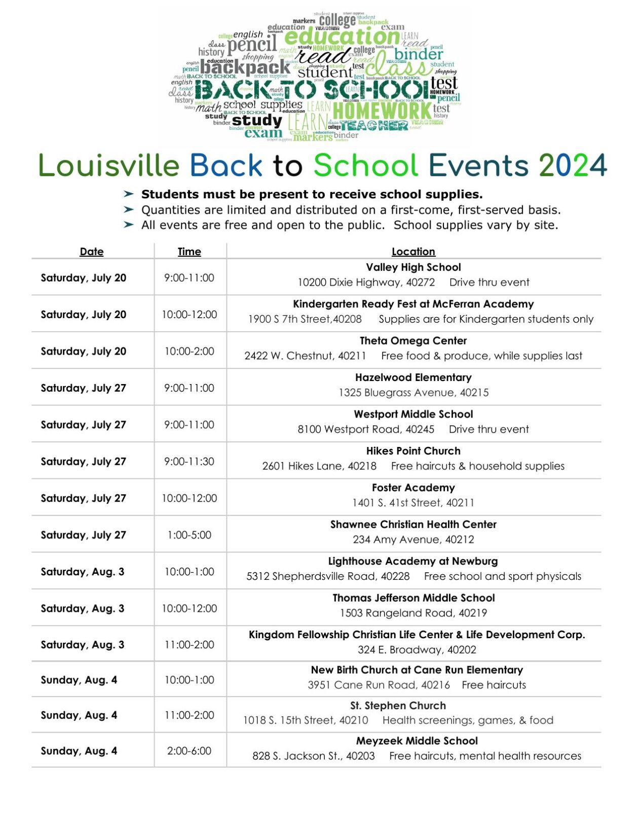 Louisville 2024 Back to School Events and Supply Drives