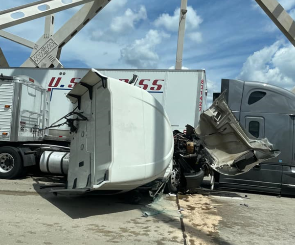 Closeup view of multiple truck crash on Kennedy Bridge