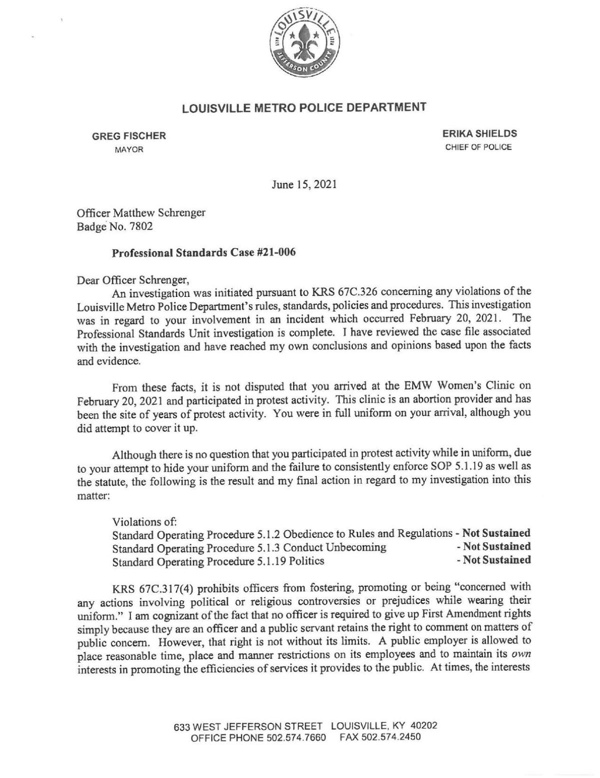 LMPD PSU investigation of Ofc. Matthew Schrenger