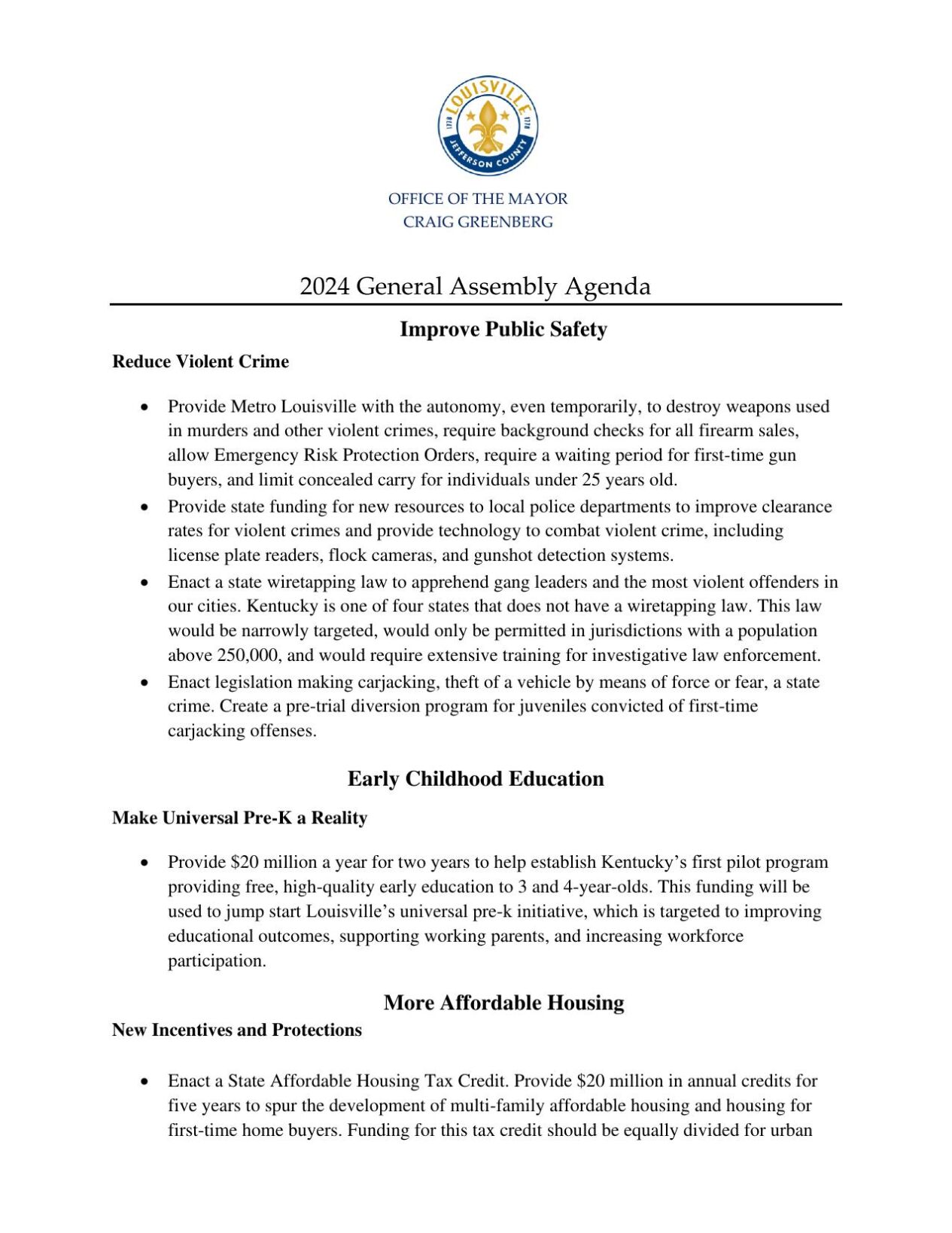 Louisville Mayor Craig Greenberg's 2024 General Assembly Agenda