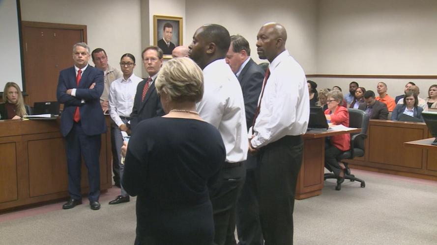 LMPD officers indicted for theft --Michael Abernathy, Dontae Booker, Cortez Ernest, Jackie Miller, Ashley Spratt and Roniqua Yokum -- in court 5-20-19