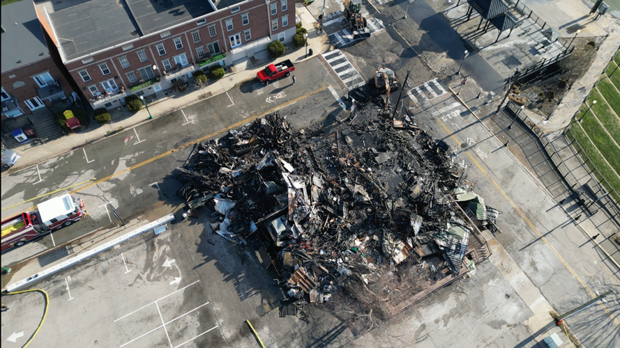 Aerial view of burned out Cluckers in Jeffersonville