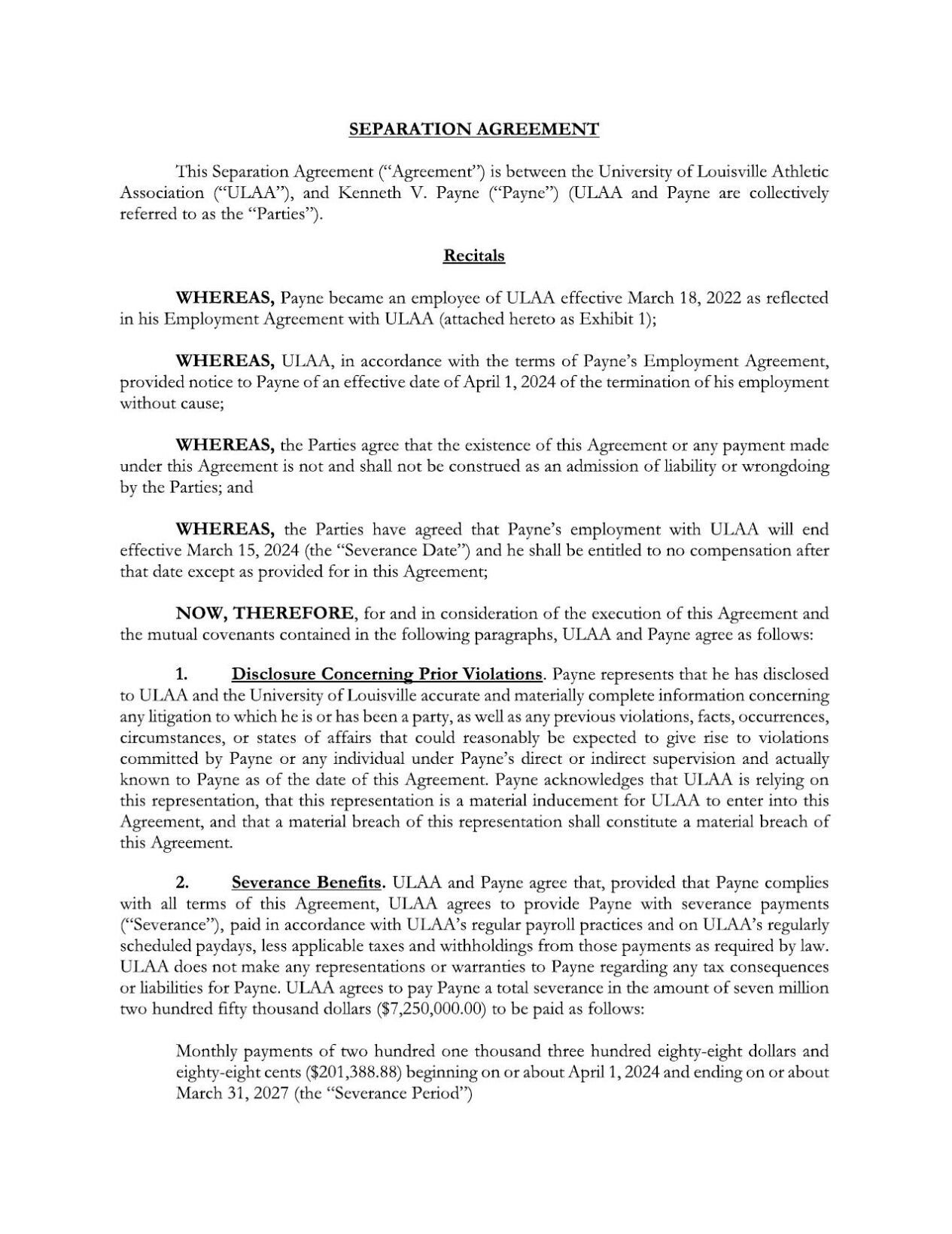 Kenny Payne buyout agreement - redacted