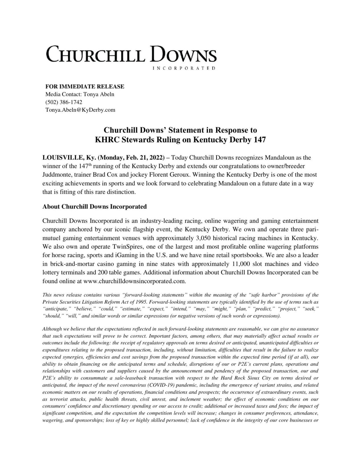 Churchill Downs statement after Medina Spirit disqualification