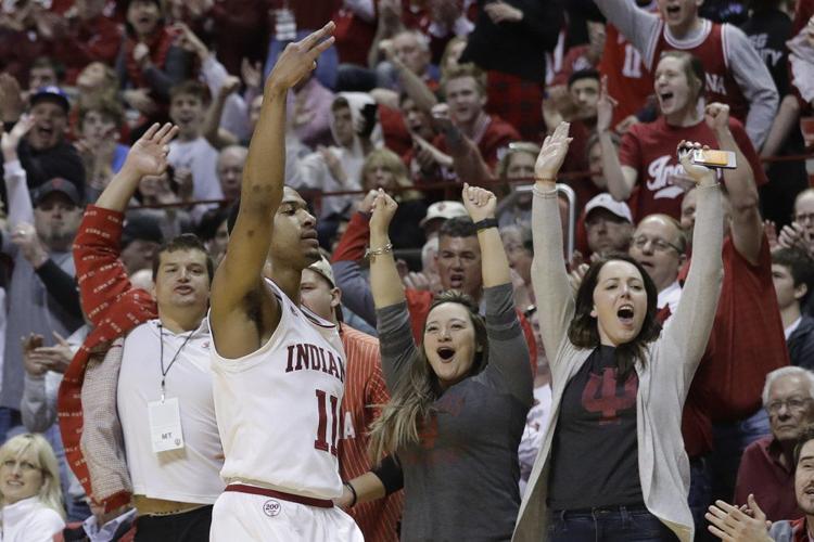 Indiana's Devonte Green (11) reacts after hitting a 3-point shot